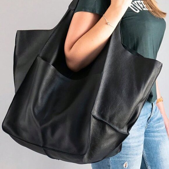 Black Casual Women's Large Capacity Tote Bag With Front Pocket - Picture 2 of 5